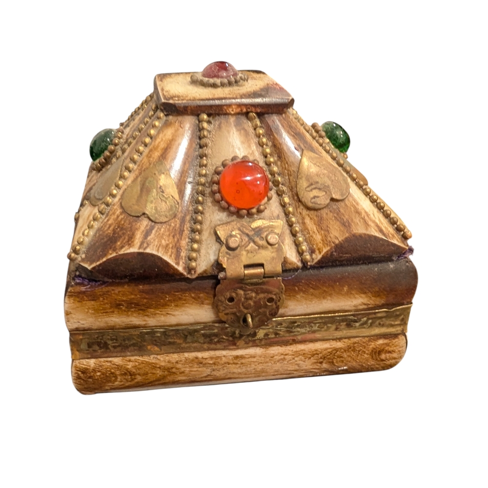 Vintage Trinket Box with Possible Camel Bone Inlay, Brass Fittings Purple Lining - Picture 5 of 13